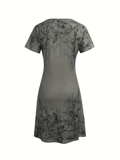 Retro Style New Fashion Plant Print Casual Short Sleeve Dress