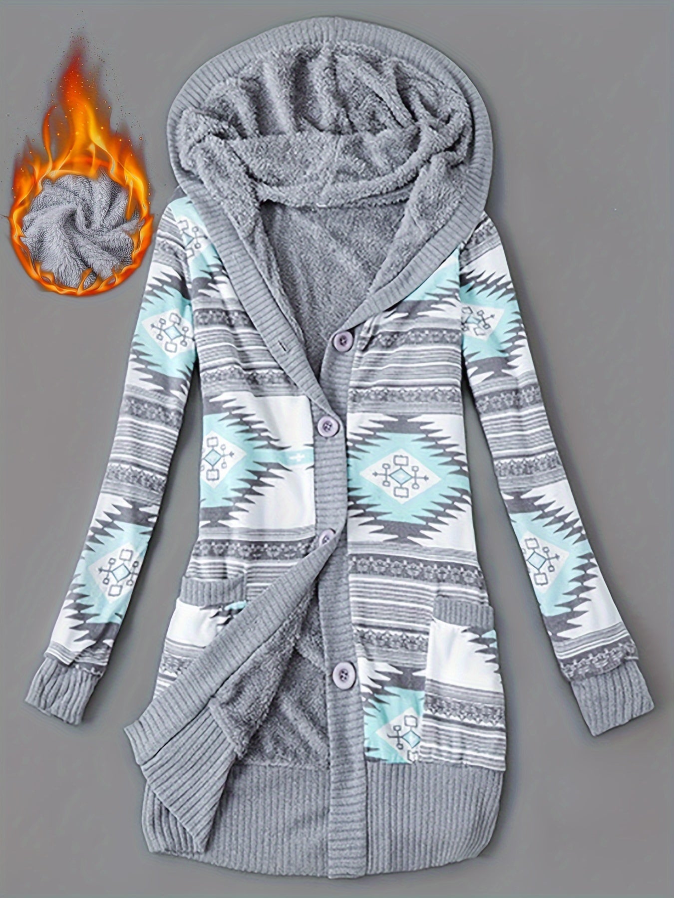 Women'S Fall Winter Casual Hooded Jacket, Warm Fleece Lined Long Sleeve Coat with Geometric Pattern And Colorblock Design