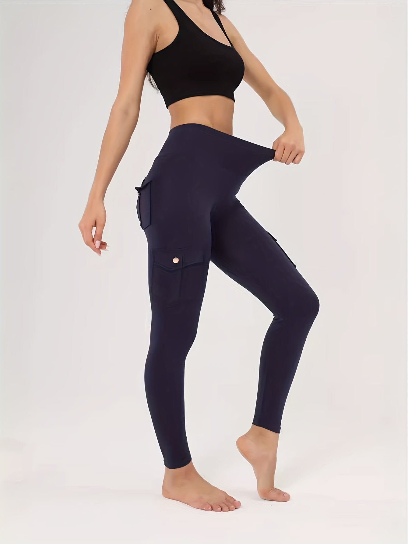 1pc High-Waisted Cargo Pocket Yoga Pants, Stretchy Skinny Sports Leggings, Quick-Dry Running Workout Pants, Butt Lifting, Street Style, Women's Fitness Trousers