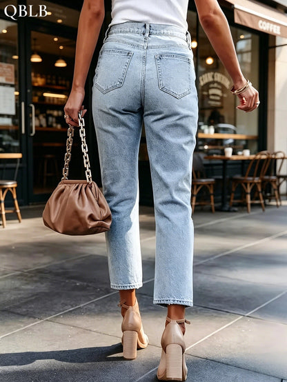 Women's Light Blue Mid-Rise Slim-Fit Jeans - Classic Washed Tapered Pants, Machine-Washable All-Season Wear for Home, Office, Travel & Dating | Versatile Light Blue Blue Jeans Suitable for Women's Fashion