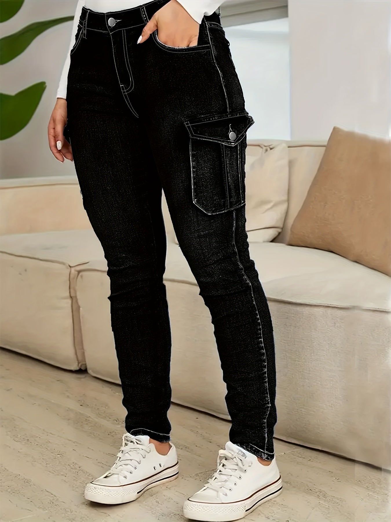Plus Size - Women'S Plus Size High-Waist Stretchy Skinny Jeans with Pockets - Dark Blue Casual Tight Pants, Comfortable And Stylish for Casual Attire, High Waisted Jeans, Comfortable Clothing, Minimalist Design, Smooth Texture