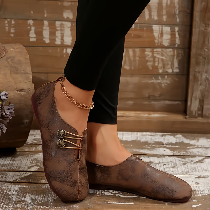 Ladies' Soft Soled Round Toe Flat Shoes With Buckle Decoration, Lightweight And Casual Monochrome Shoes With Comfortable Wearing Design, Suitable For Casual Dressing, Cute Shoes