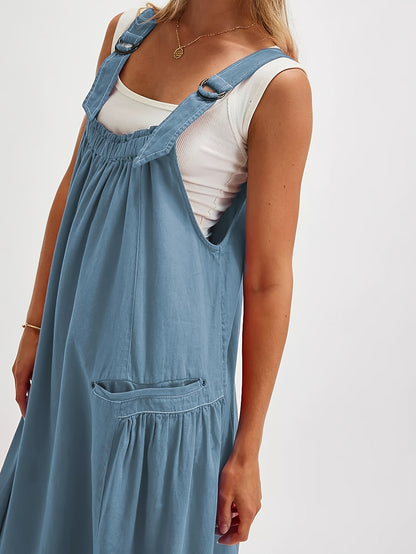 [Loose Midi Dress] Women's Loose Adjustable Strap Midi Overall Dress with Big Pockets in Workwear Style