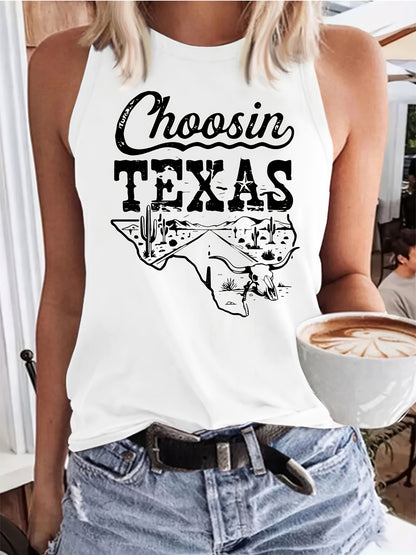 Women's Casual Sleeveless Tank Top with Texas Outline Design, Loose Breathable Opaque Fabric, Backless Round-Neck Lightweight T-Shirt, Machine Washable, for Women, Spring/Summer Outdoor Fashionable Shirt