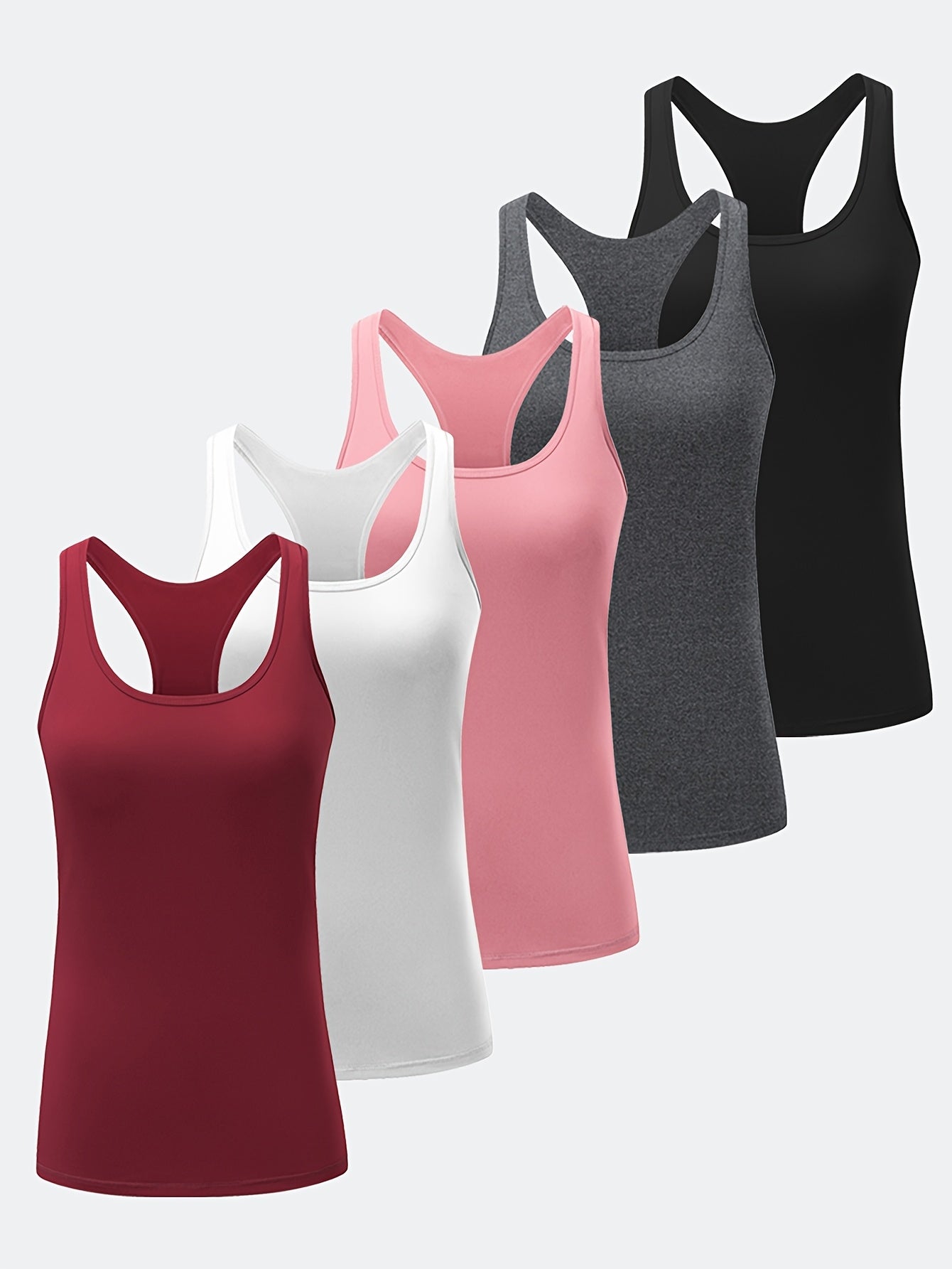 5 Packs Women's Round Neck Y Top, Mid-Stretch Solid Color Racer Back Tank Top