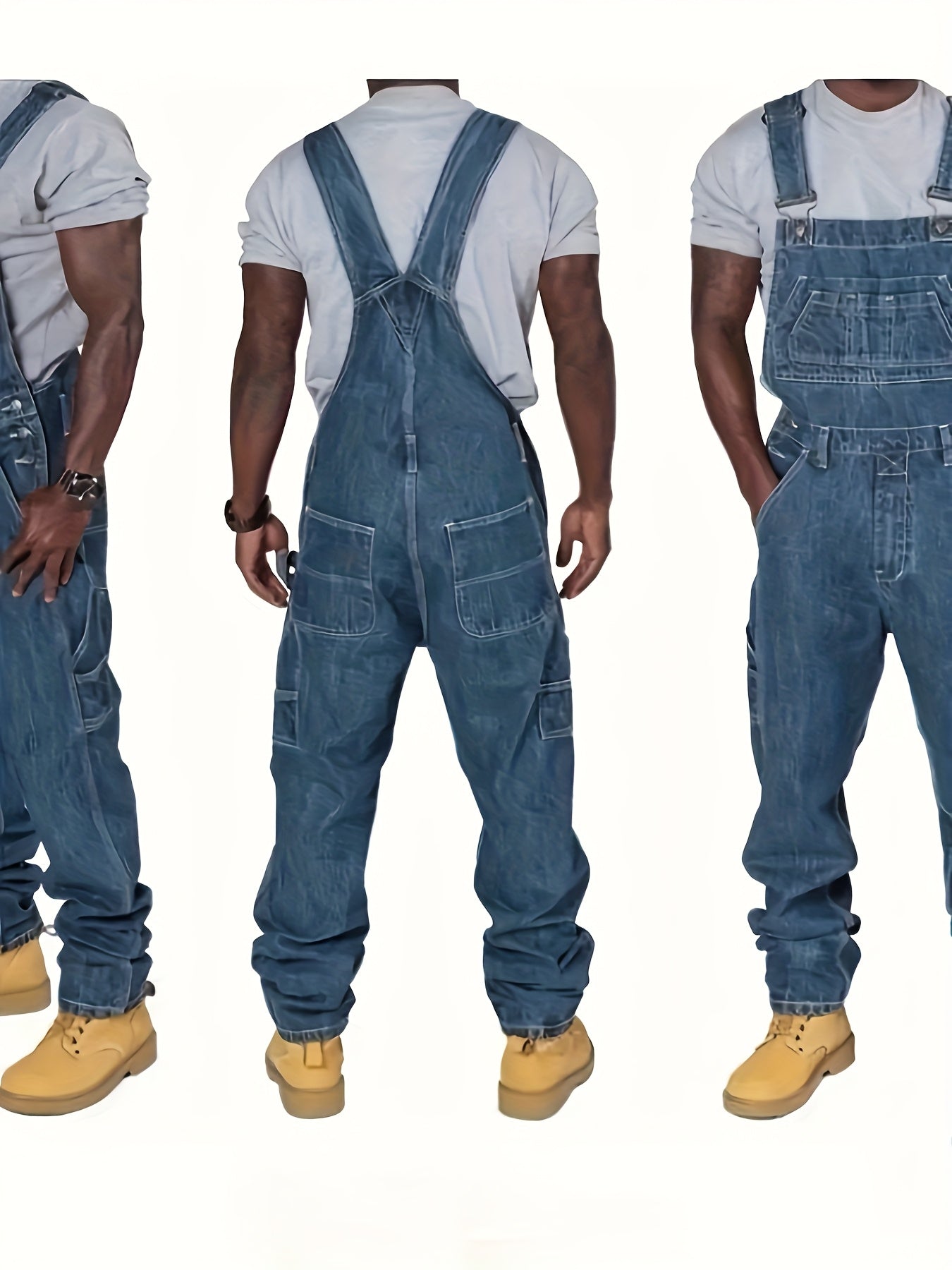 [HME] American Retro Men's Casual Jumpsuit Jeans, Three-dimensional Cut Loose Fit, Multi-pocket Design Cargo Pants, New Autumn And Winter Denim Long Pants, Classic Washed Blue, Essential Men's Denim Overalls for Style Enthusiasts' Outfits
