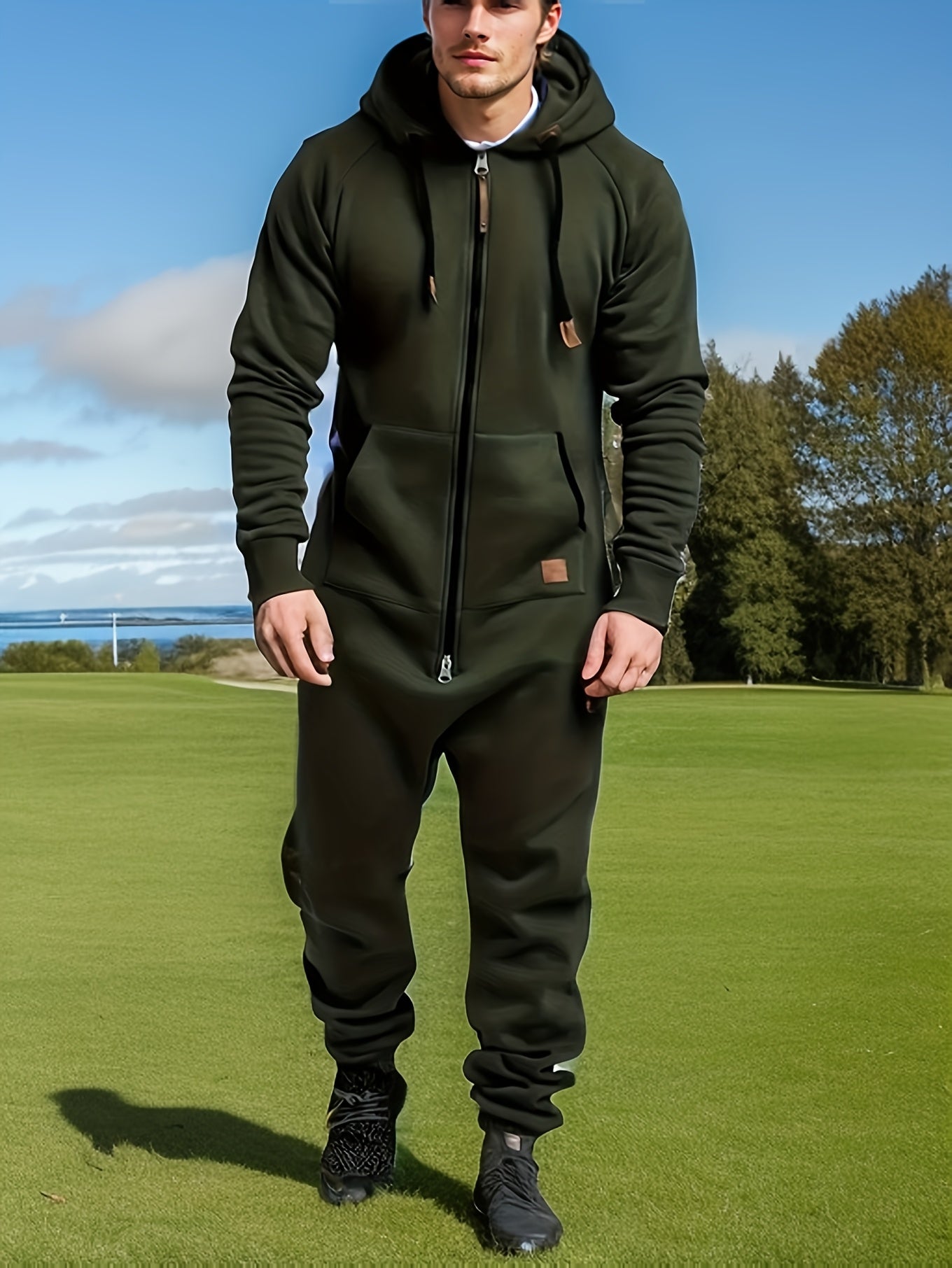 Hooded Fleece Jumpsuit, Kangaroo Pocket, Workwear, Comfortable And Stylish, Winter Clothes for Men, Home Pajamas, Camping Pajamas, Onesie Men, Men'S Clothes, Jumpsuit Men, Men'S Winter Clothes, Christmas, Local Warehouse, And Closeout