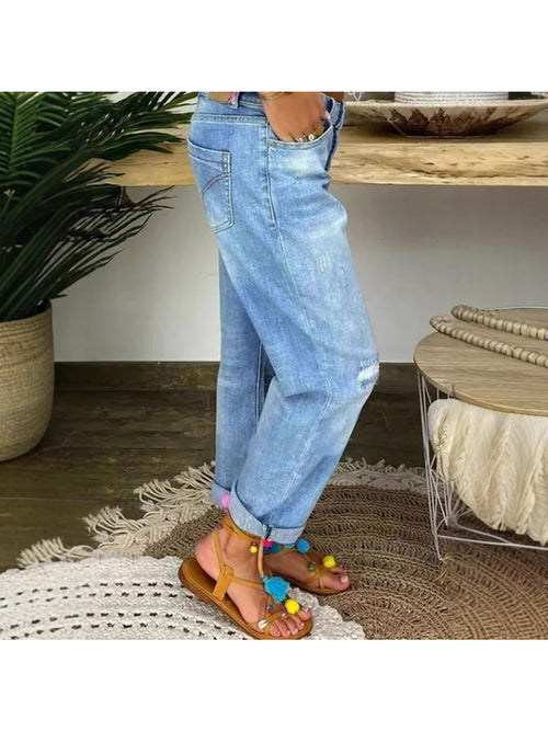 1 Pack Women's 4-Season Fashion Loose Washed Straight-Leg Jeans - Comfortable Stretchy All-Season Regular Fit, Stylish Casual Outfit, Ideal for Daily Wear, Shopping, Dates & Travel - Sizes S/ M/ L/ XL/ XXL