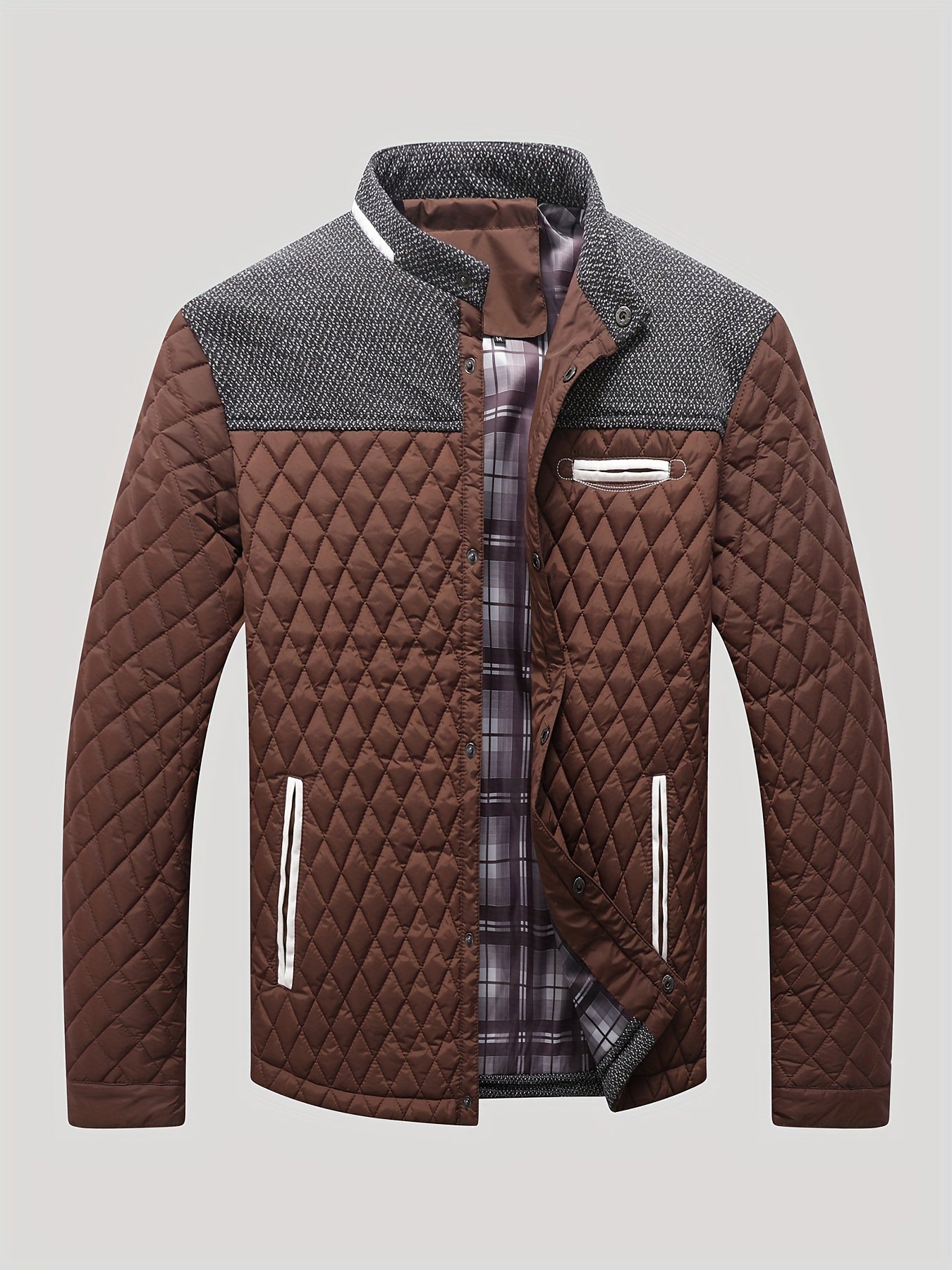 Men's Casual Stand Collar Plaid Side Seam Pocket Patchwork Jacket