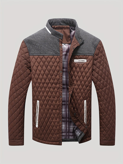 Men's Casual Stand Collar Plaid Side Seam Pocket Patchwork Jacket