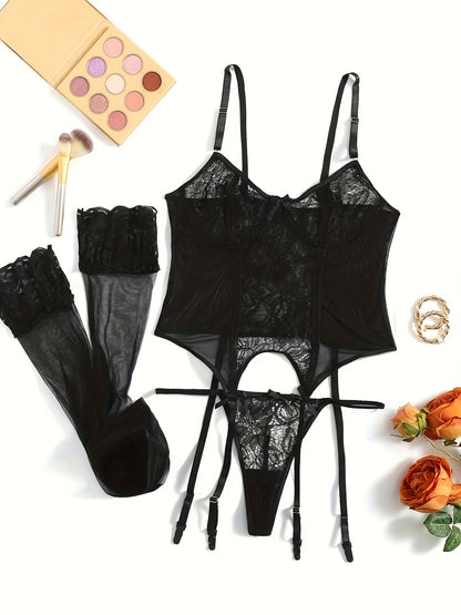 Women'S Sexy Lingerie Set with Garter Belt Lace Bodysuit Teddy Dolls Panty with Stockings, Women Teddy Lingerie Deep V Lace Lingerie Mini Babydoll Lingerie