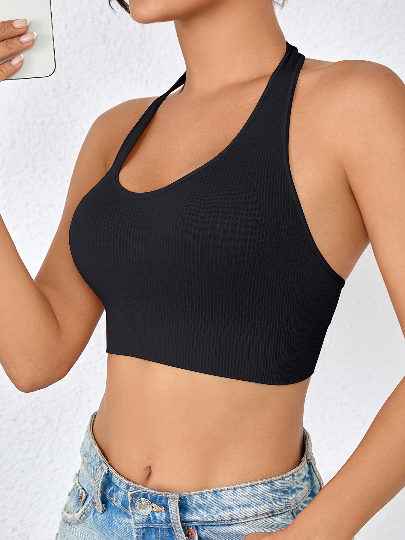 4pcs Neck Hanging Tank Top, Women's Breathable Ribbed Backless Underwear, Women's Sports Yoga Vest Top
