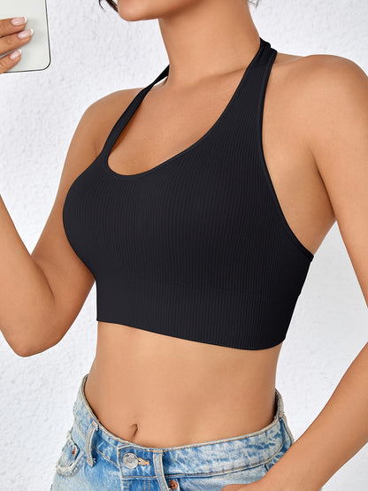 4pcs Neck Hanging Tank Top, Women's Breathable Ribbed Backless Underwear, Women's Sports Yoga Vest Top