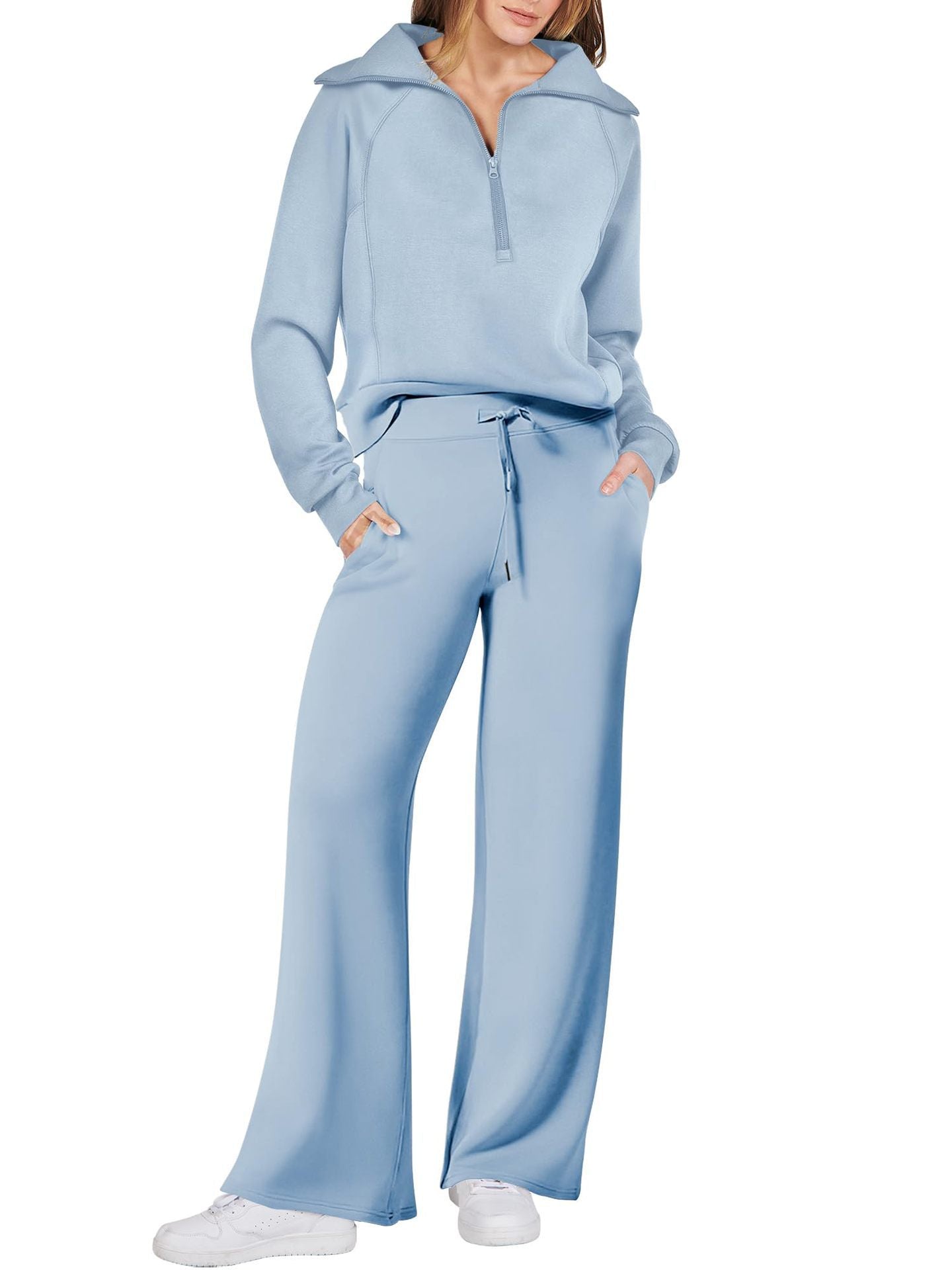 Spring/Autumn Casual Swear Set for Women, Zipper Long-Sleeve Sweatshirt and Wide-Leg Pants 2pcs Set