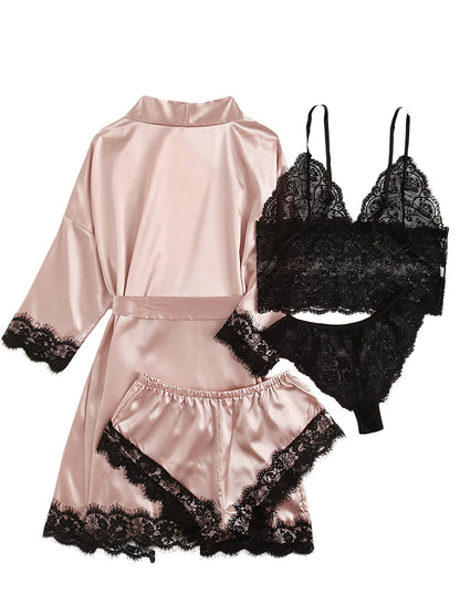 Women's Sleepwear, Home Clothes, Bathrobe 5pcs Set, Multi-color, No Pattern, Sexy, Solid Color, Contrasting Lace, No Lining, Belt, Adult Style, Comfortable and Breathable Fabric, Essential for Lovers to Save Money