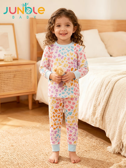 JUNBLEBABY Bamboo Fiber Skinny Pajama Set - Brown Leopard Print Long Sleeve And Pants, Stretchy Viscose Blend, Crew Neck, Casual Style for Youngsters