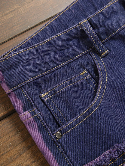 Fashion Trends Stacked Multi-post Fabric Tassels Holes Irregular Tie Flower Splashed Ink Jeans Casual Men's Trousers