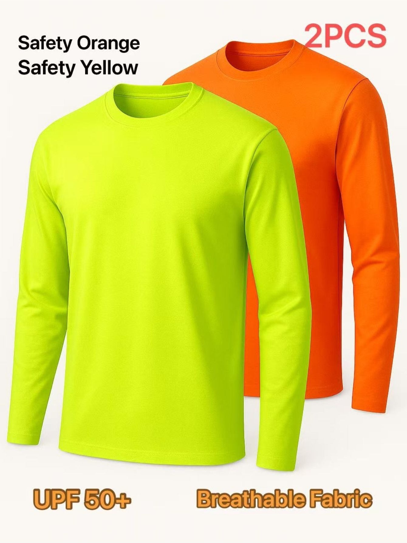 2-Pack High Visibility Long Sleeve Shirts, UPF50+ Quick Dry Breathable Safety Workwear Tops for Outdoor / Fishing / Sports