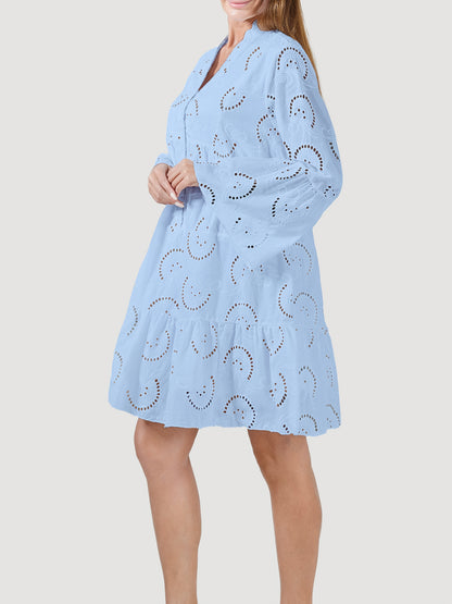 Elegant Mint Green V-Neck Shirt Dress with Bell Sleeves and Lace Cut-Out Detail - Chic Long Casual Dress for Women, Ideal for Home Gatherings and Parties, Casual Party Dress|Bell Sleeve Dress|Machine Washable Dress, Cute Dresses