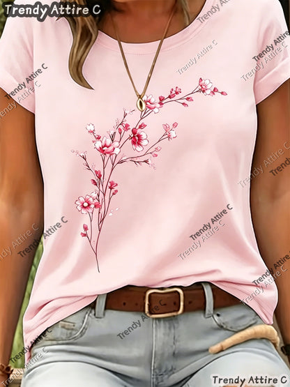 This Short-sleeved T-shirt Features A Purple Floral Print with A Horizontal Branch Pattern. It Has A Regular Fit And A Round Neck, Making It A Suitable Gift for Spring/summer. Perfect for Outdoor Casual Wear