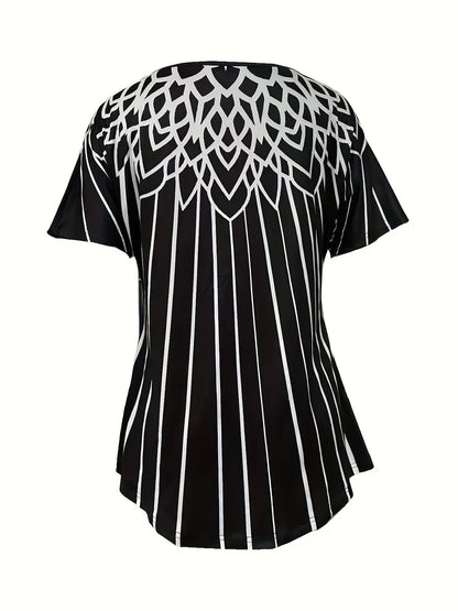 New Summer Printed Striped Short-sleeved Square Collar Casual T-shirt