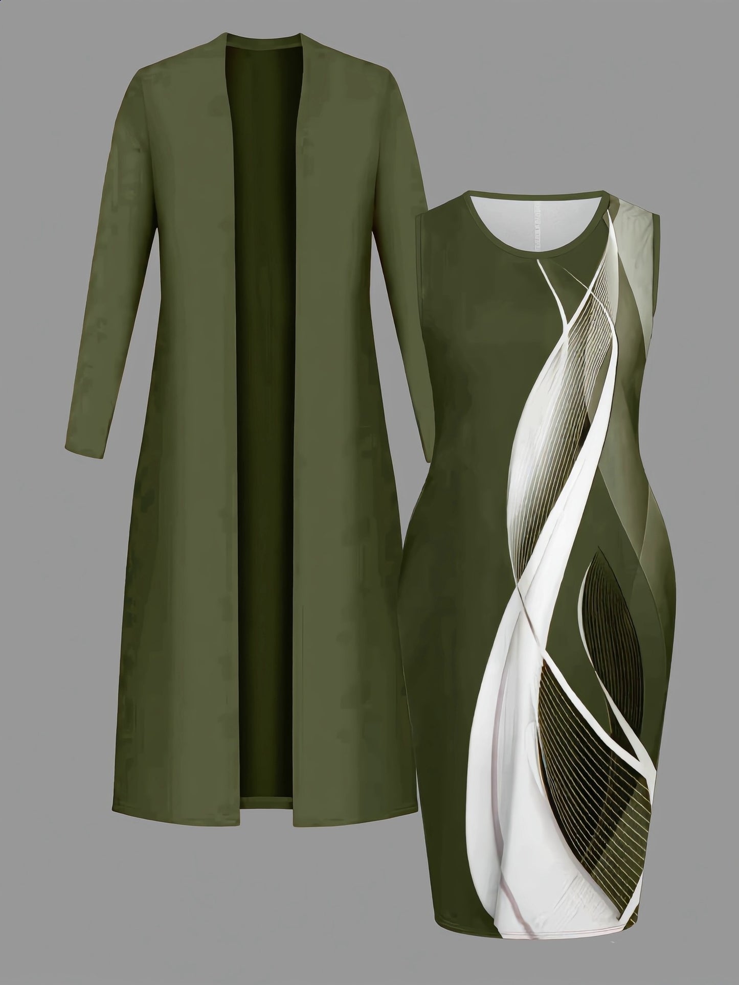 Stylish Women'S Dress Set, Featuring a Long Cardigan And a Printed, Waist-Cinching Dress, a Chic And Elegant Two-Piece Outfit for Everyday Wear