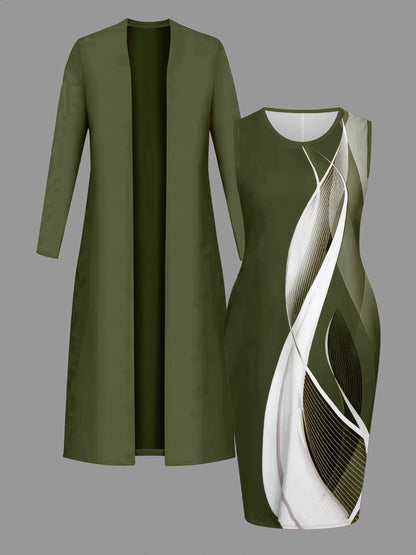 Stylish Women'S Dress Set, Featuring a Long Cardigan And a Printed, Waist-Cinching Dress, a Chic And Elegant Two-Piece Outfit for Everyday Wear