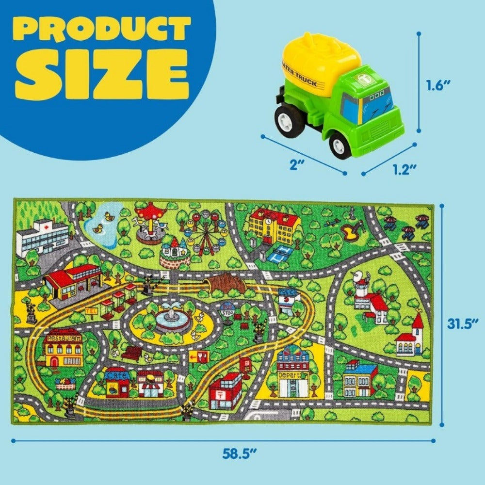 Kids City Playmat with 12 Cars - Jumbo city play rug with 12 pull-back cars