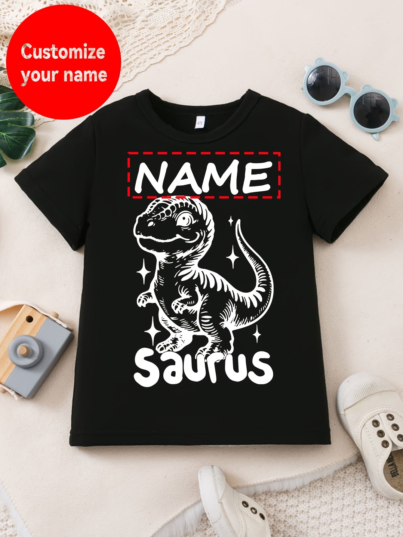 [Custom Product] Boys' T-Shirt with Name Customization, Cute Dinosaur Pattern Print, Simple Trendy Round Neck Outdoor Short Sleeve Homewear Top Gift