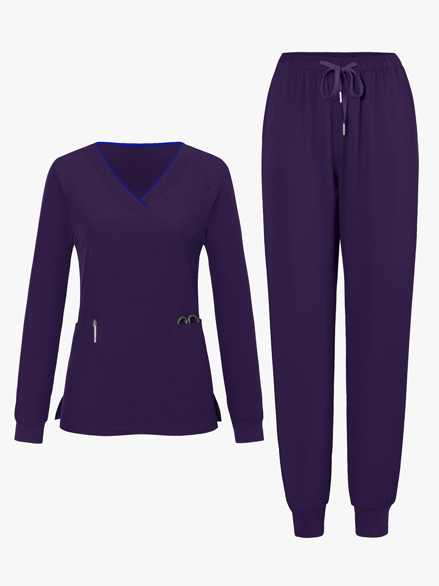 2pcs Women's V-Neck Matte Suit with Long Sleeve Stretch S Uniform Work Clothes Washable Pockets Breathable Elastic Top And Waist Cord Pocket Pants Set