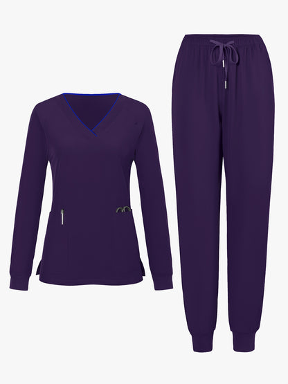 2pcs Women's V-Neck Matte Suit with Long Sleeve Stretch S Uniform Work Clothes Washable Pockets Breathable Elastic Top And Waist Cord Pocket Pants Set