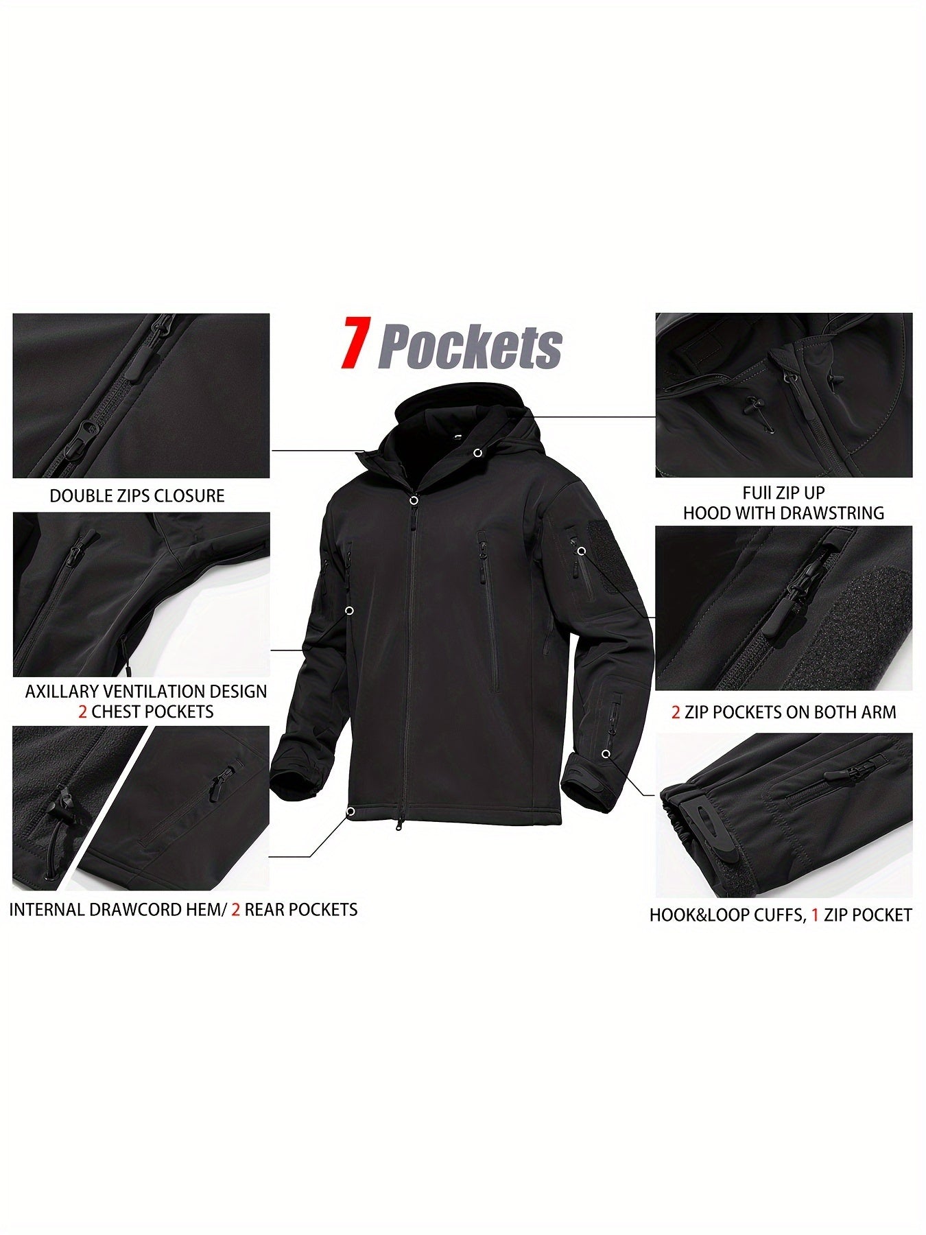 Winter-Ready High-Performance Jacket Men'S Jacket 7 Pockets Nondetachable Hood Performance Lined Soft Shell Winter Coats Windproof, Breathable Great for Camping, Fishing, Skiing Activities And Other Outdoor Activities
