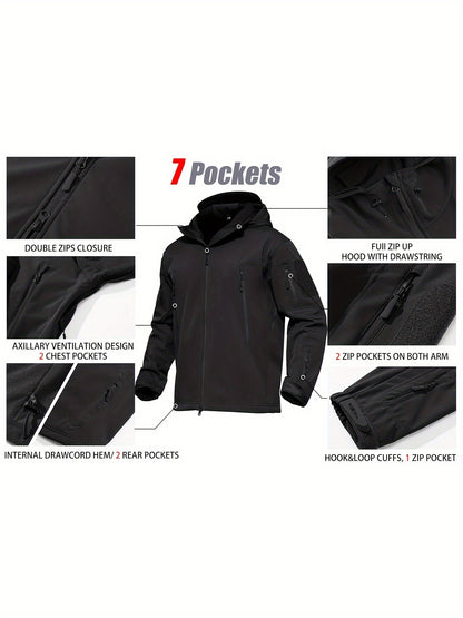 Winter-Ready High-Performance Jacket Men'S Jacket 7 Pockets Nondetachable Hood Performance Lined Soft Shell Winter Coats Windproof, Breathable Great for Camping, Fishing, Skiing Activities And Other Outdoor Activities