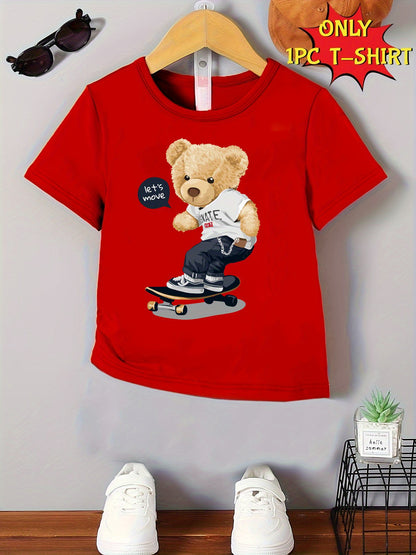 GOURD DOLL Boys' Summer Skateboarding Bear Graphic T-Shirt - Vibrant Red Casual Short Sleeve Tee with Cartoon Print, Machine Washable Regular Fit for Youngsters' Outdoor Play & Casual Attire