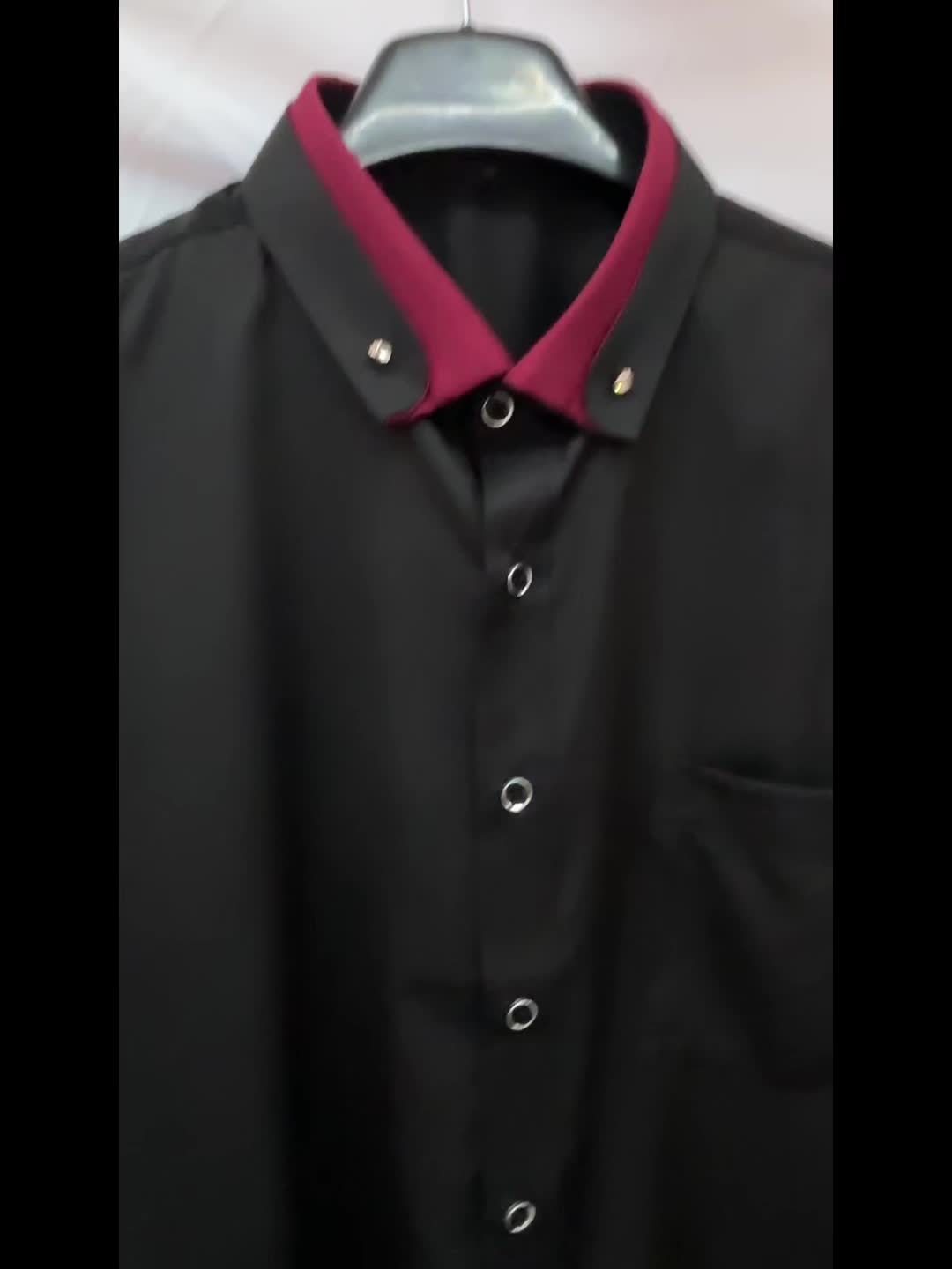 Color Block Fold-Up Collar Crystal Buckle Formal Shirt Men'S Long Sleeve Contrast Color Stretch Iron-Free Business Casual Top with Loan Fashion Cardigan Shirt