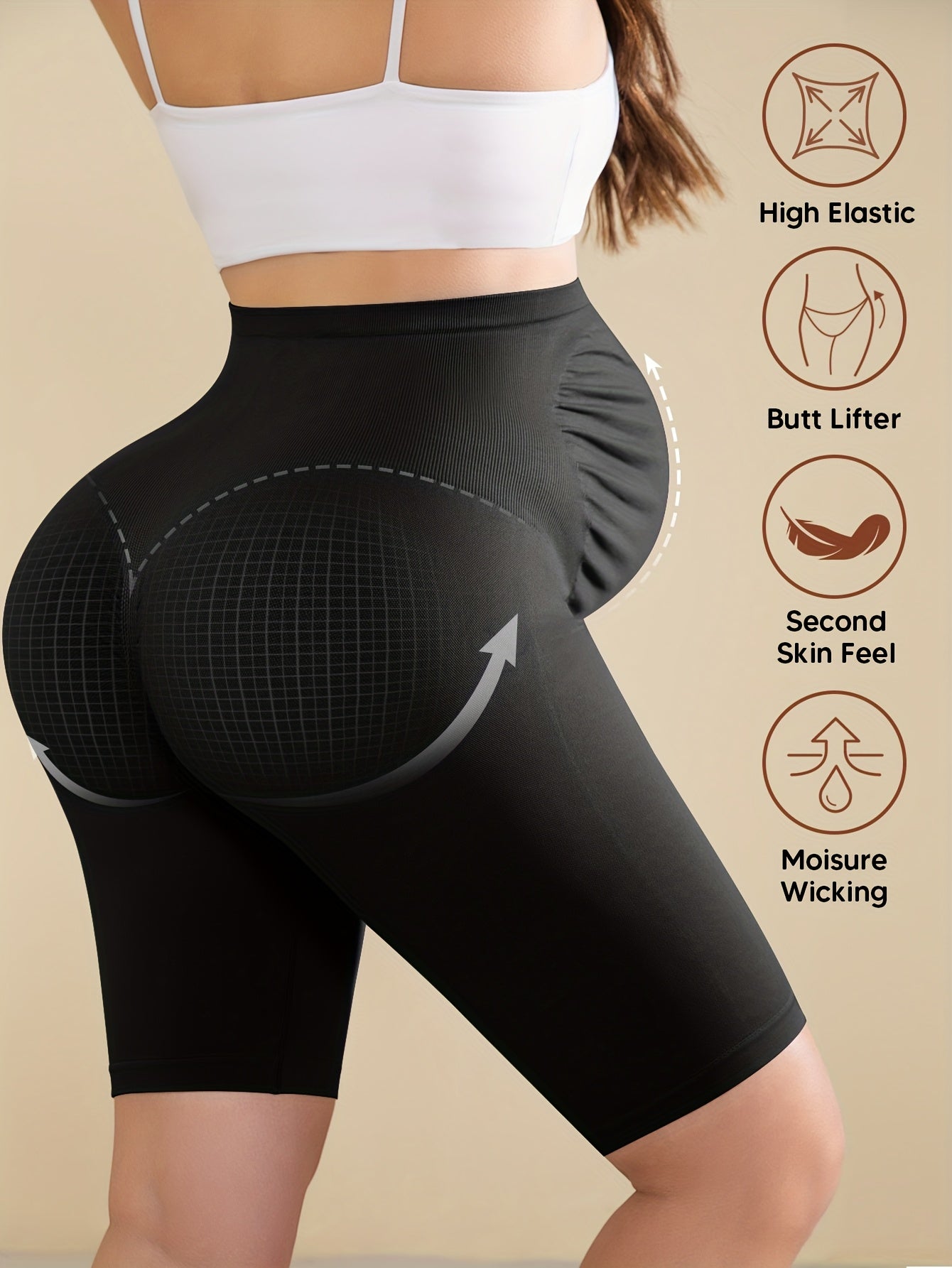 Beige High-Waisted Maternity Shorts Featuring Back Support, an Expandable Belly Panel, And a Built-In Band for Comfort During Pregnancy. They Are Breathable And Stretchy with a Ribbed Design, Perfect for Yoga And Casual Wear