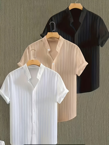 3-Pc Men'S Striped Shirts | Casual Comfortable, Regular Fit, Button Stand Collar, Ideal for Daily Wear And Beach Vacations