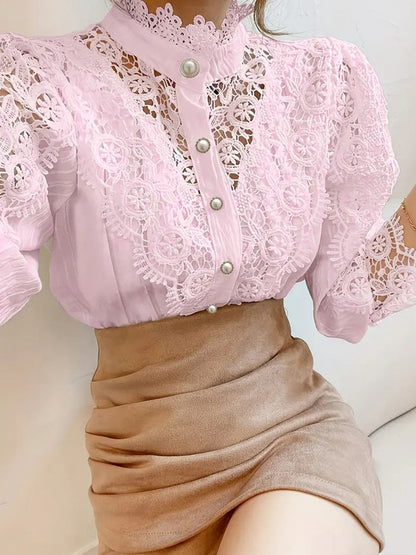 Women's Shirt Heavy Lace Hollow Flower Long Sleeve Lace Stand Collar Pearl French Button Top Shirt