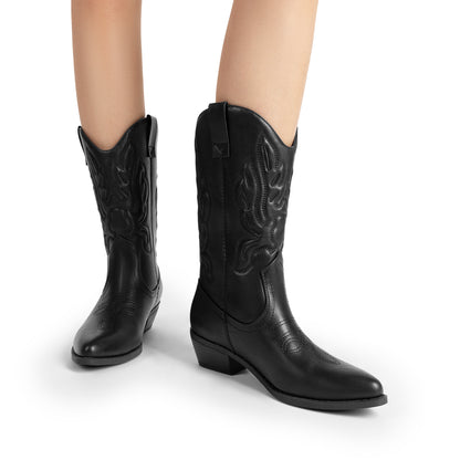Women's Cowboy Boots Mid Calf Cowgirl Boots Embroidery Stitched Western Boots