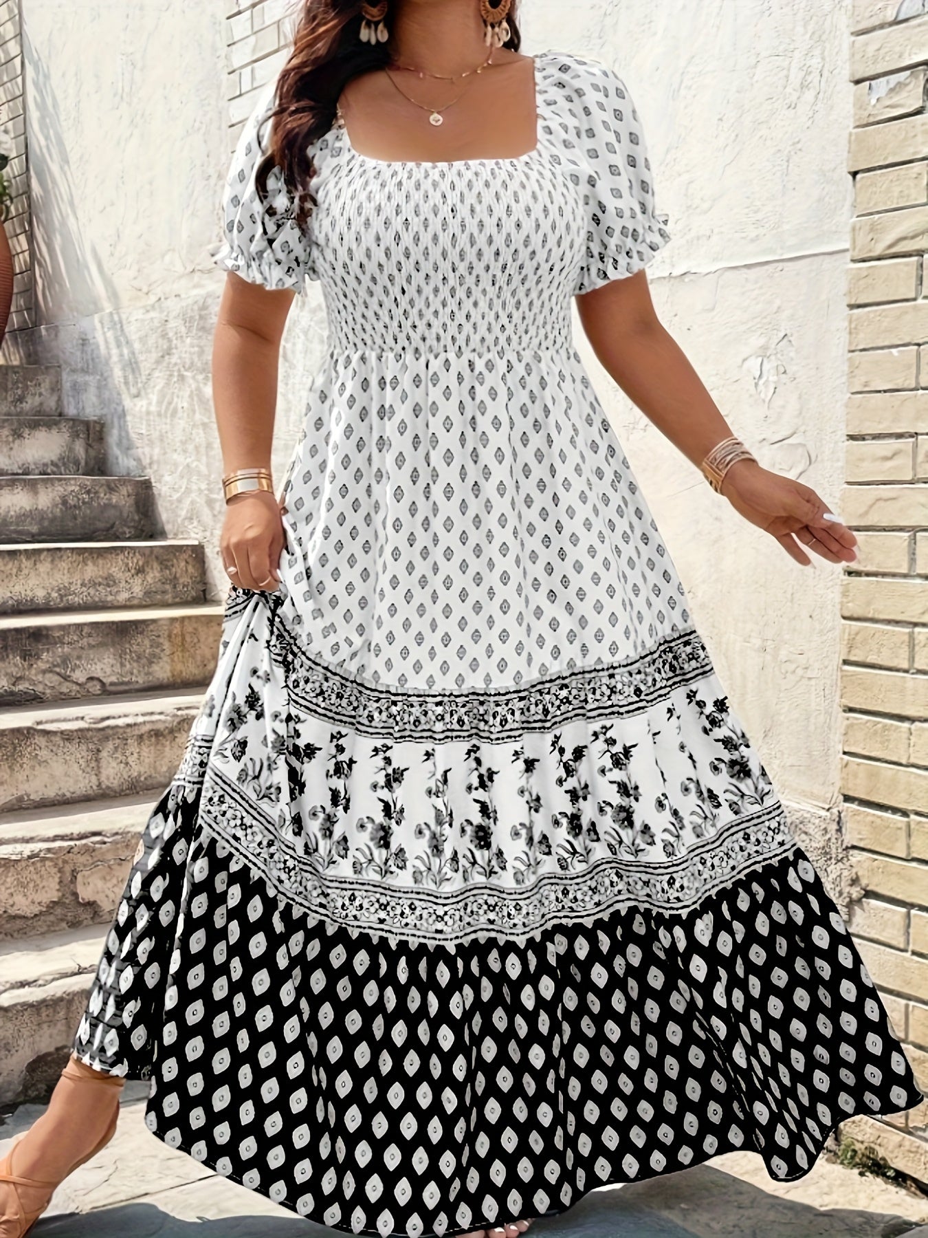 Plus Size - 1pc Spring Summer Mother'S Day Plus Size Women Elegant Bohemian Maxi Dress - Square Neck Puff Sleeve Smocked Bodice Floral Geometric Print Tiered Long Skirt Sophisticated Graceful Style For Vacation Beach Party Wear