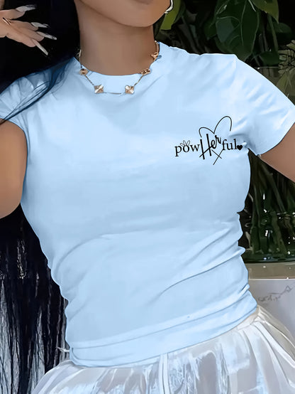 Short T-Shirt for Women with Inspirational Print - "She Overcomes Everything" Back Design, Casual Summer Top with Short Sleeves, Medium Stretch Crew Neck, Machine Washable, Motivational Text Design, Comfort Fit