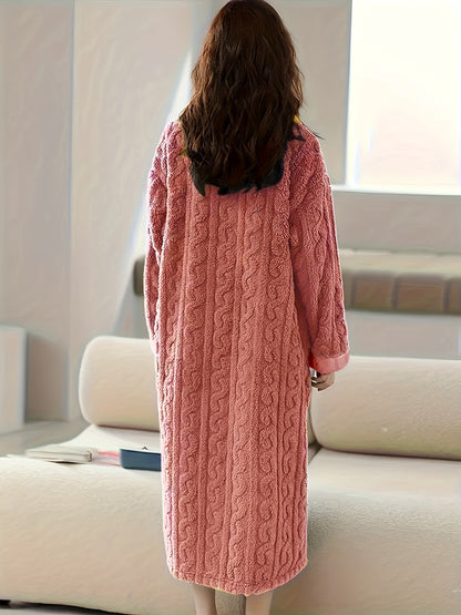 Ladies' Thick Coral Velvet Sleeper Robe - Super Soft Long with Pocket, Winter Home Sleeper, Machine Washable SPA Casual Clothing, Comfortable and Warm Home Outfit, Round Neck Warm Sleeper, Durable and Comfortable Material