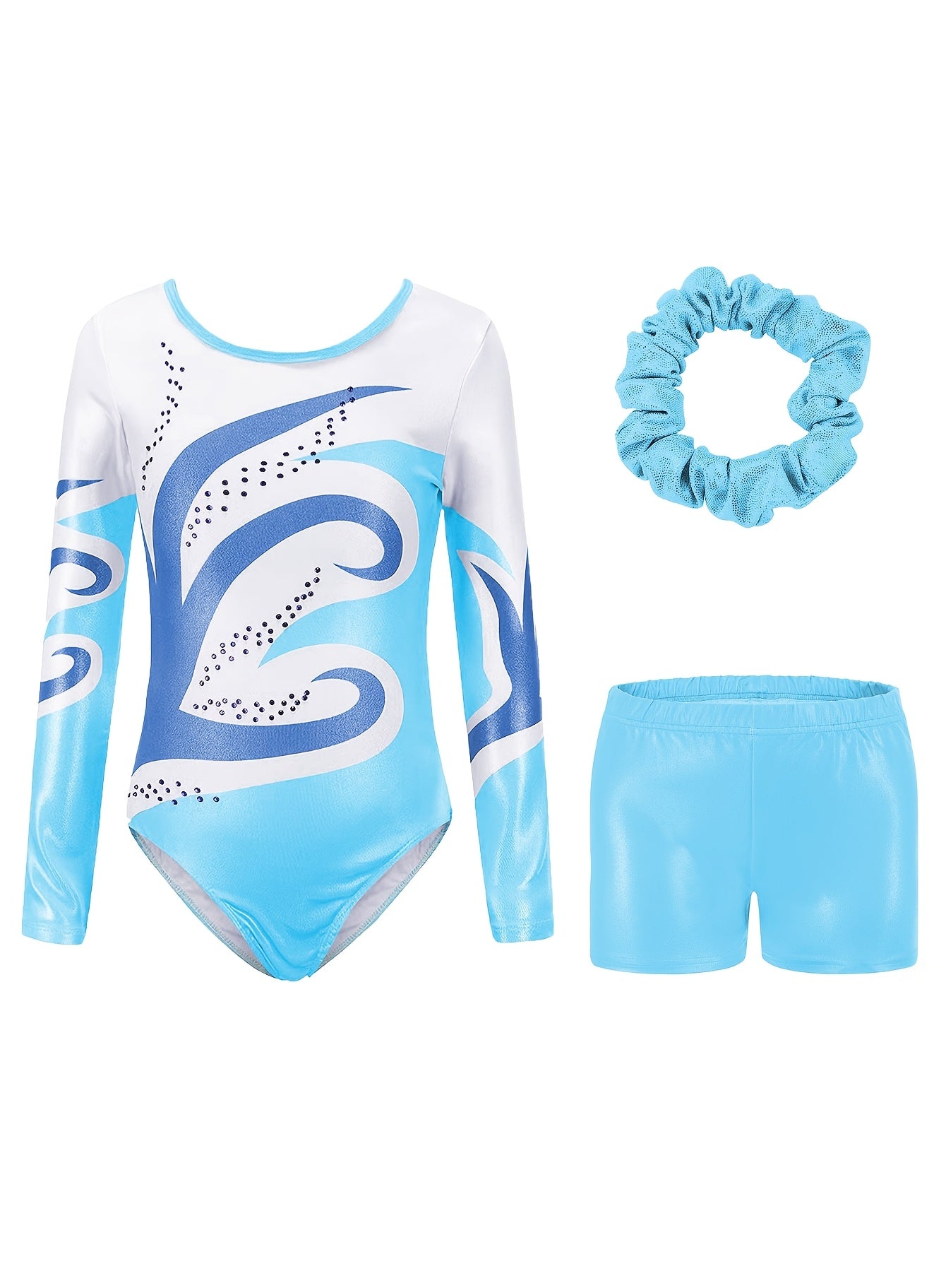 Girls' 3pcs Gymnastics Leotard Set with Geometric Pattern, Long Sleeve Bodysuit & Matching Shorts - Includes Hairband, Stretchy & Breathable Fabric for Dance Training, Perfect for Outdoor, All Seasons, Gift for Back-to-School Season