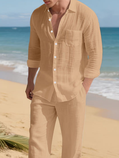 Men's Linen Casual 2pcs Set Breathable Long Sleeve Shirt & Pants Set Semi-Formal Casual Beach Vacation Wear