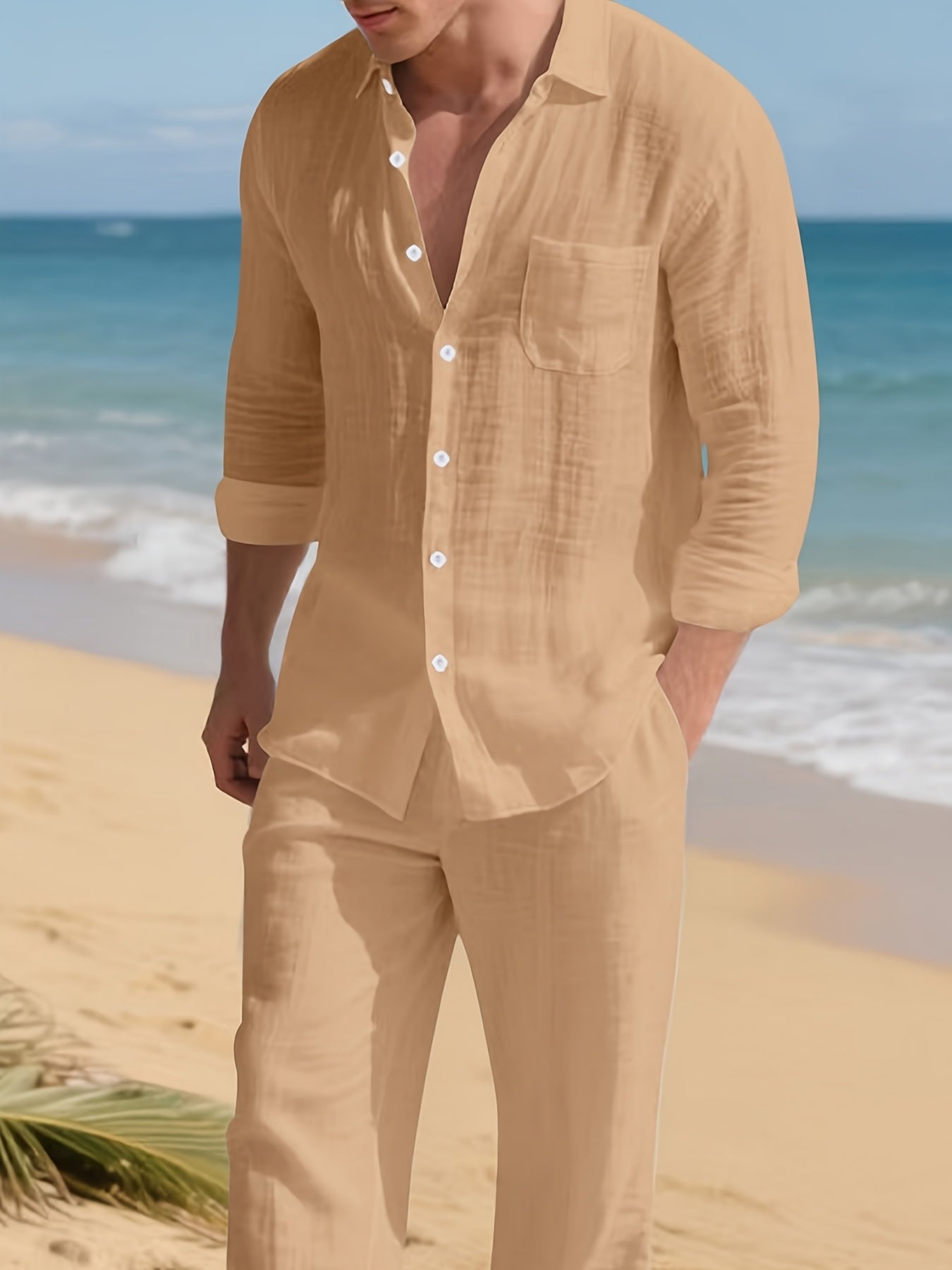 Men's Linen Casual 2pcs Set Breathable Long Sleeve Shirt & Pants Set Semi-Formal Casual Beach Vacation Wear