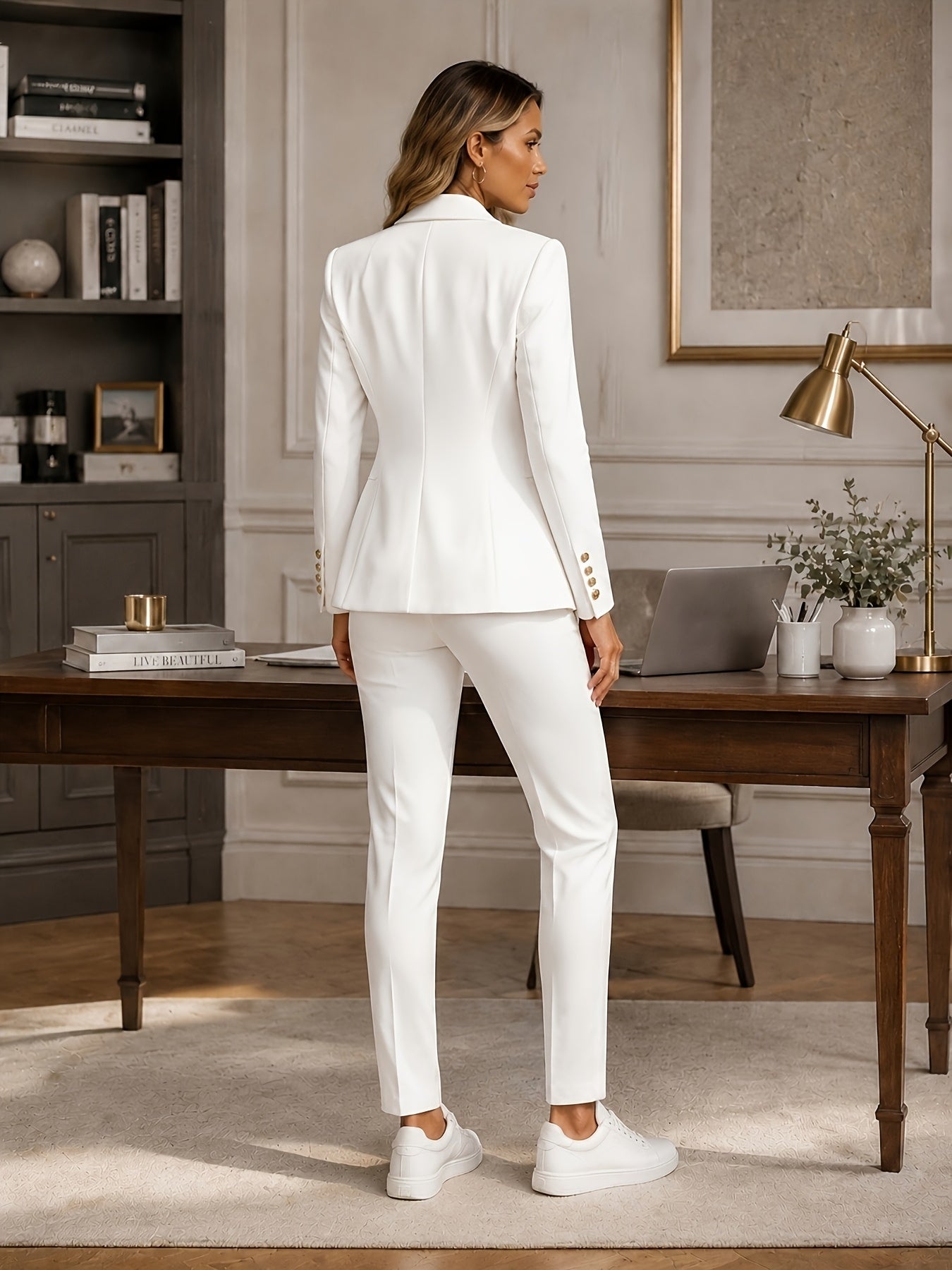 2pcs Business Chic Outfit - Double-Breasted Lapel Blazer & Slim Fit Pants Set - Women's Professional Clothing for Work, Office, Or Formal Occasions