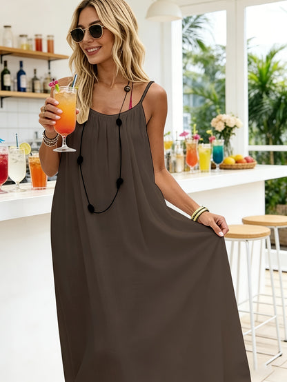 Women'S Solid Color Open Back Tie Loose Casual Maxi Slip Dress