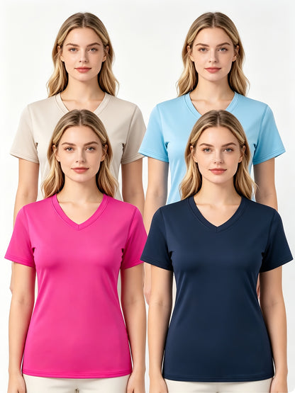 4pcs Women's Barely There Sports T-Shirts V-Neck, Pullover Short Sleeve Tops, Stretchy, Quick-Dry, Breathable, Soft for Workout, Fitness, Running, Yoga, Pilates