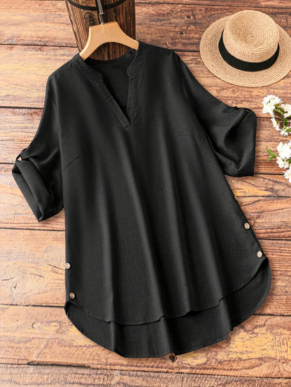 Plus Size - Plus Size - Plus Size Women'S Spring And Summer Casual V-Neck Button Tops - Flat Collar Rolled Sleeve Decorative Button Vacation Style Blouses, Perfect for Relaxed Or Elegant Looks