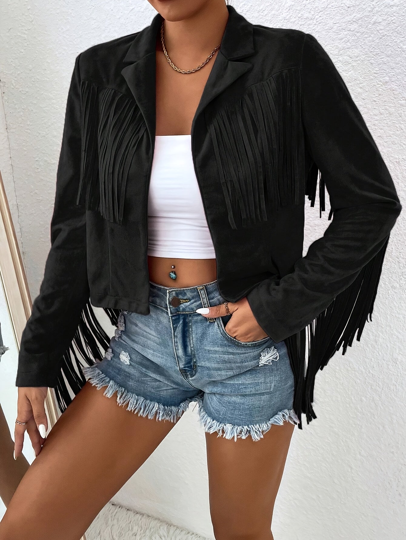 Elegant Women'S Tassel Jacket - Solid Color, V-Neck, Loose Fit for Spring/Fall, Machine Washable